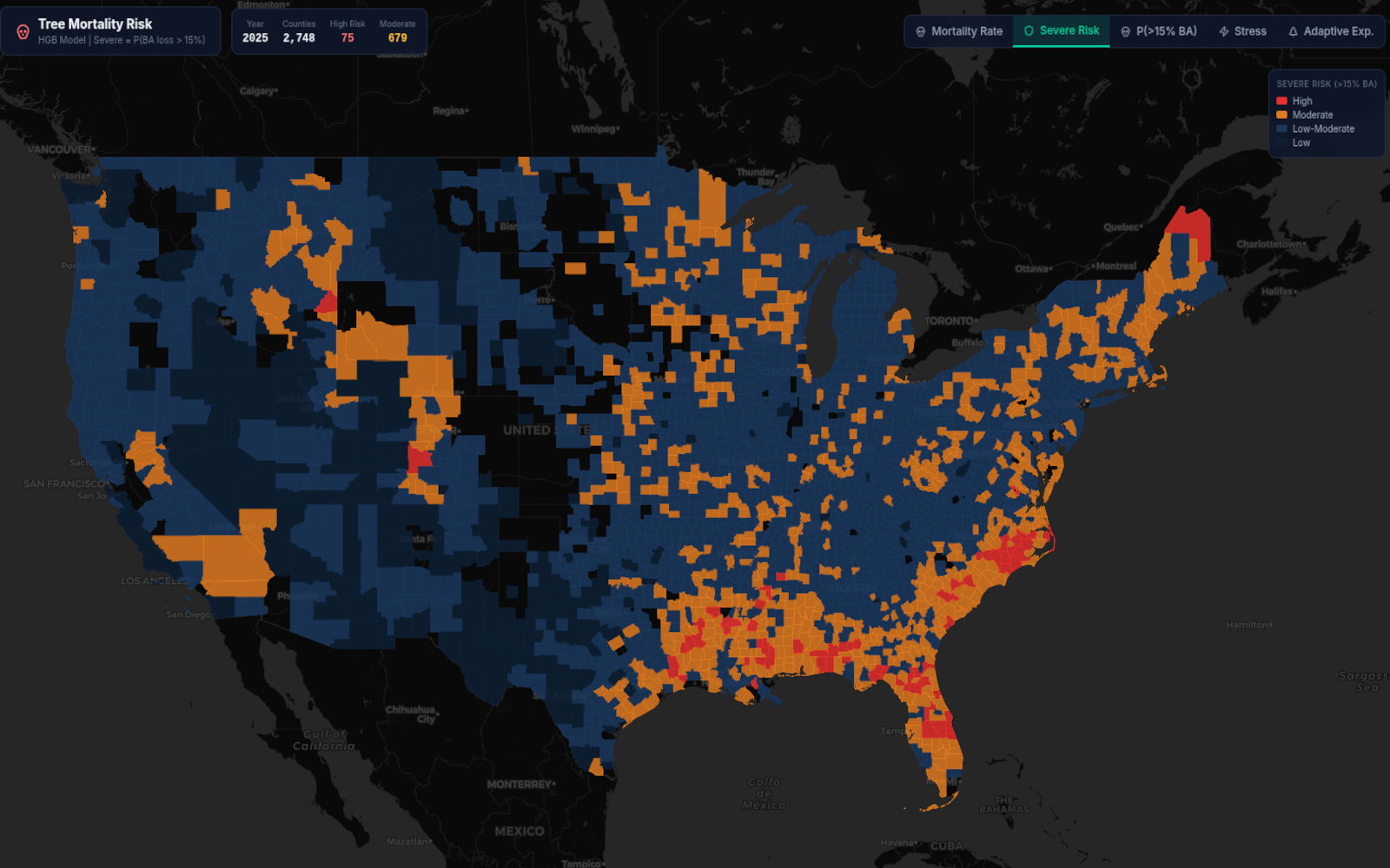ForestCast national mortality risk map showing severe-risk counties concentrated across the Gulf Coast and Southeast