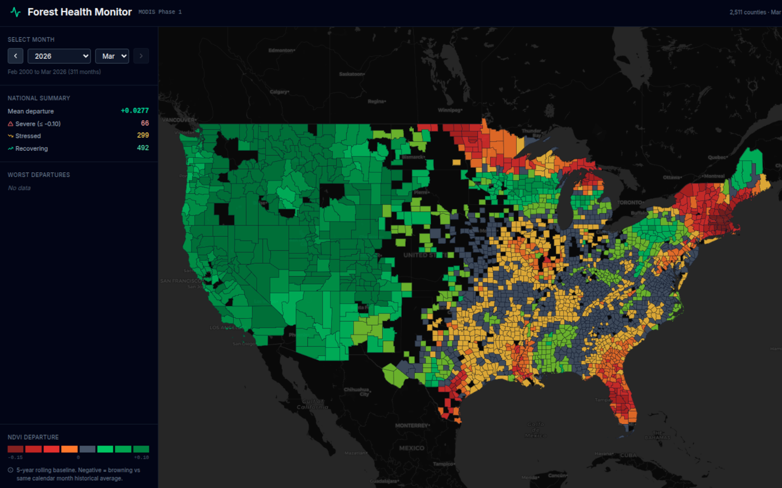ForestCast Forest Health Monitor showing national NDVI departure map for March 2026